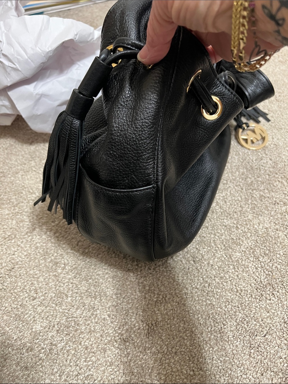 Michael Kors Black Pebbled Leather Drawstring Hobo with Gold MK Charm - Picture 6 of 11